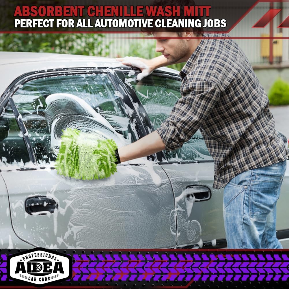AIDEA Car Wash Mitt Microfiber, 2PK-Scratch-Free& Lint-Free, Premium Chenille Microfiber Wash Mitt-Green Extra Large Size (8''X12'')