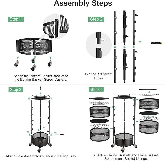 SNTD Fruit and Vegetable Basket Bowls for Kitchen with Metal Top Lid, 5 Tier Rotating Storage Rack Cart for Potato Onion Bread Banana, Wire Basket Organizer on Wheels, Large, Black