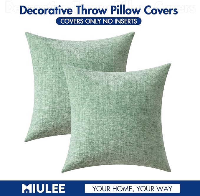 MIULEE Pack of 2 Couch Throw Pillow Covers 18x18 Inch Soft Greyish Green Chenille Pillow Covers for Sofa Living Room Solid Dyed Pillow Cases