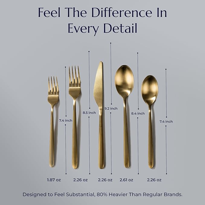 JazzUpCo Haelynn 2.0 Flatware non toxic 18/10 stainless steel dishwasher safe (Matte Gold, 8 Person Set (40 Pieces))