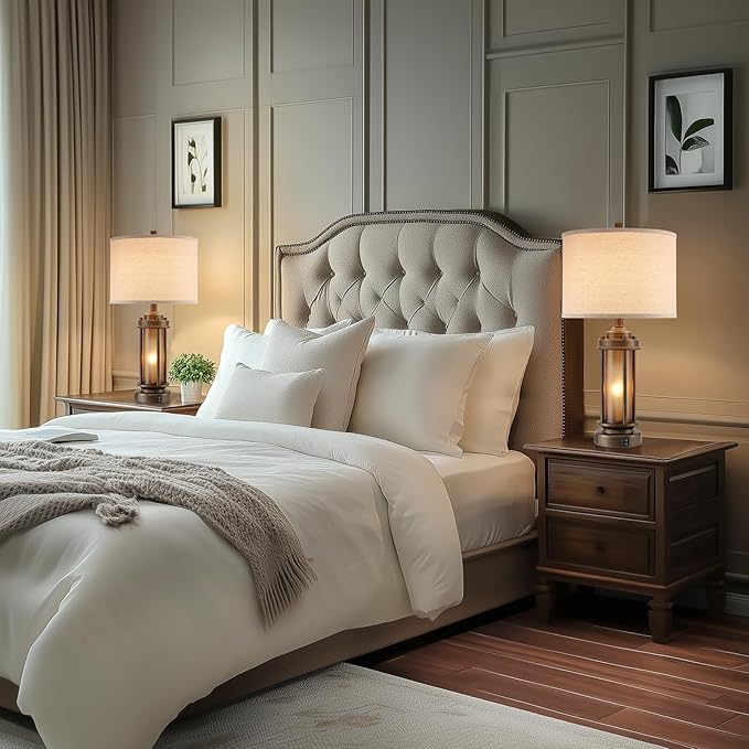 AIEAMPDO Set of 2 Farmhouse Table Lamps for Living Room, Rustic Vintage Bedside Lamps with 2 USB Ports, Bedroom Nightstand Lamp with Amber Glass Nightlight for End Table Entryway, 4 Bulbs Includes