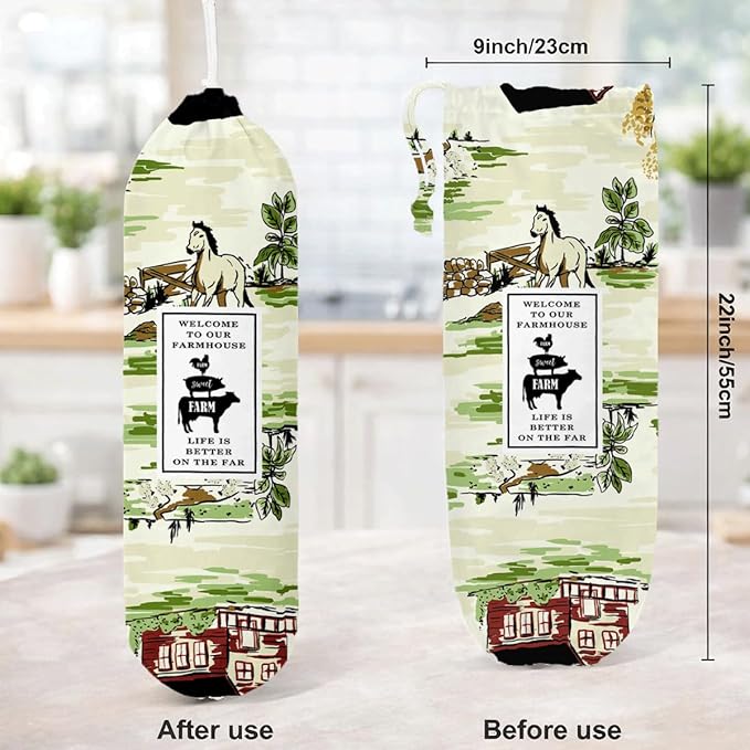 Farmhouse Plastic Bag Holder for Kitchen Essentials, Cartoon Animal Plastic Bags Holder, Reusable Hanging Trash Sack Dispenser, Wall Mount Plastics Sack Storage Container Dispenser