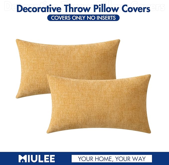 MIULEE Pack of 2 Couch Throw Pillow Covers 12x20 Inch Soft Beige Yellow Chenille Pillow Covers for Sofa Living Room Spring Home Decor Couch Solid Dyed Cases