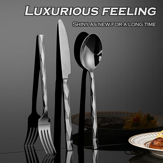 Black Silverware Set, Luxury 40-Piece Flatware Set for 8, Cutlery Set Stainless Steel, Diamond Cut Pattern, Home, Wedding & Party, 18/10 Stainless Steel Tablewaret & Dishwasher Safe Utensils.