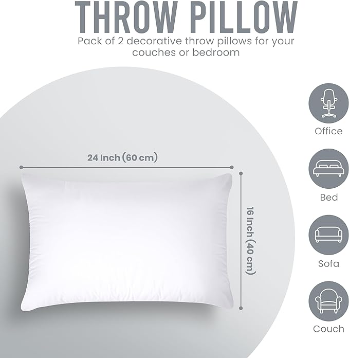 Utopia Bedding 16x24 Pillow Inserts, Set of 2, White – Indoor Decorative Throw Pillows for Bed, Sofa & Couch – Soft, Supportive & Fluffy Cushion Inserts