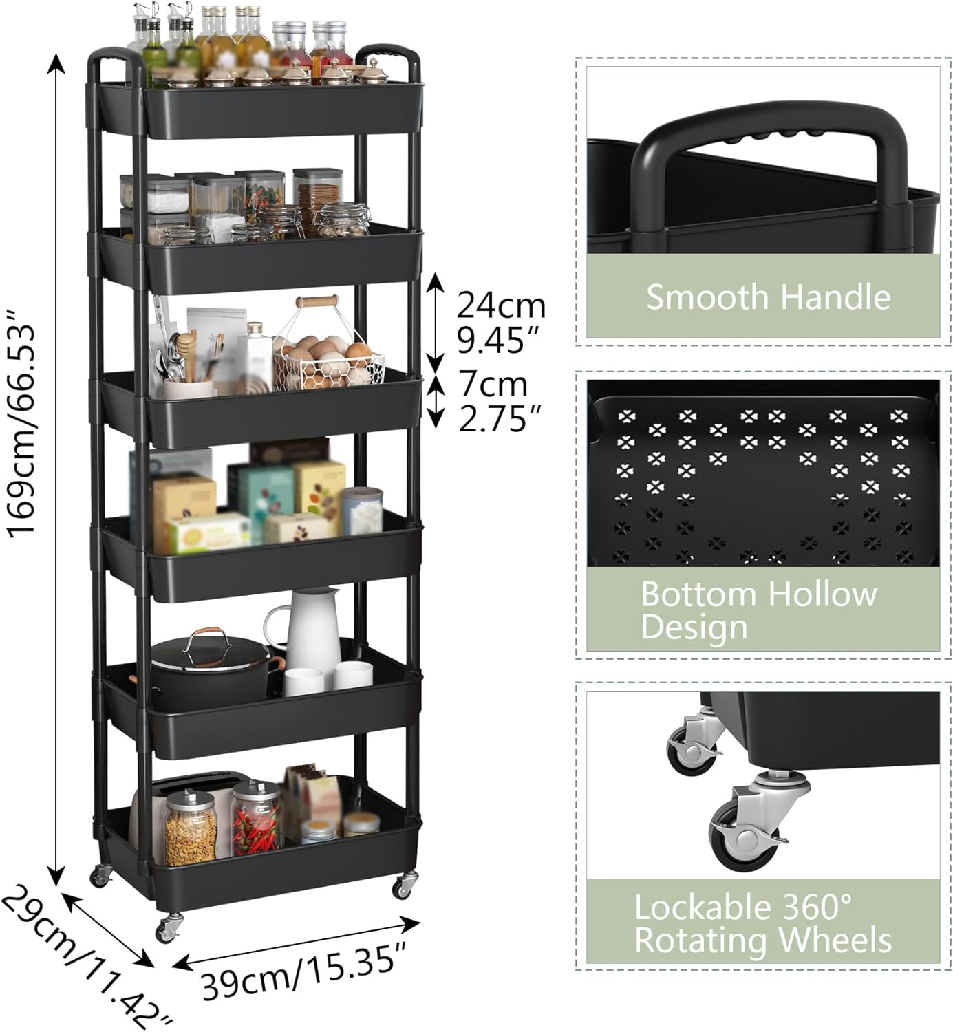 Sywhitta 6-Tier Plastic Rolling Utility Cart with Handle, Multi-Functional Storage Trolley for Office, Living Room, Kitchen, Movable Storage Organizer with Wheels, Black
