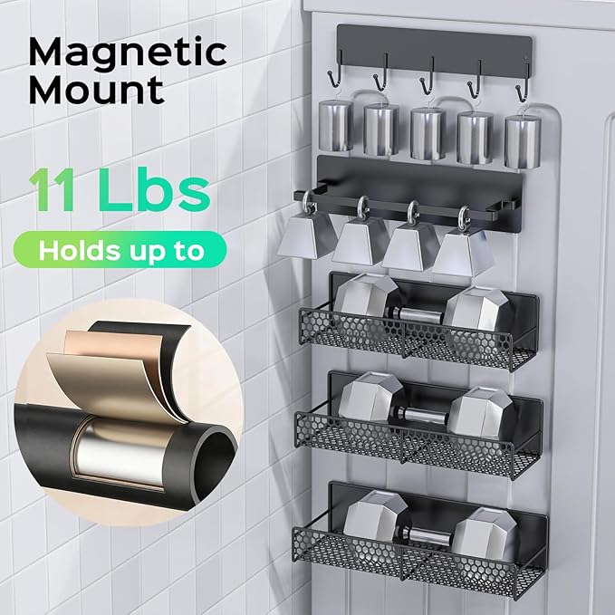 5-Pack Magnetic Shelves for Laundry Room Organization, Strong Hold Refrigerator & Washing Machine Shelves, Includes Spice Rack, Hanger Organizer Stacker & Utensil Hooks, No Drill Installation