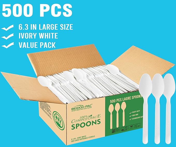 500 Count Compostable Disposable Non Plastic Spoons, Large Heavy Duty Biodegradable Utensils, Eco Friendly Durable Sturdy Recyclable Spoons Flatware Silverware for Party Wedding Daily Use