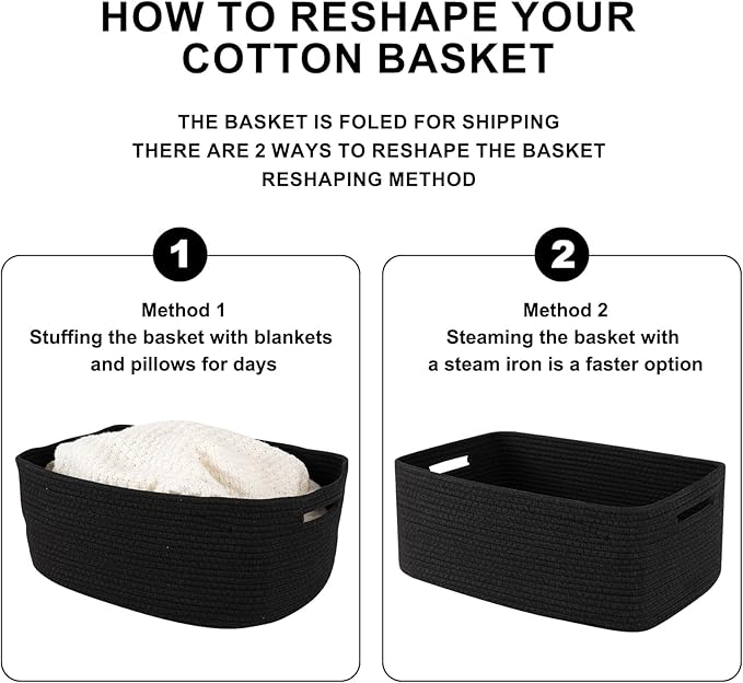 OIASKET Large Storage Basket for Organizing, Woven Rope Basket for Shelves, Closet Organizer Bins for Clothes, Blanket, Toys, Baby Nursery Storage, 17.7" x 13" x 7.87", 2 Packs Black