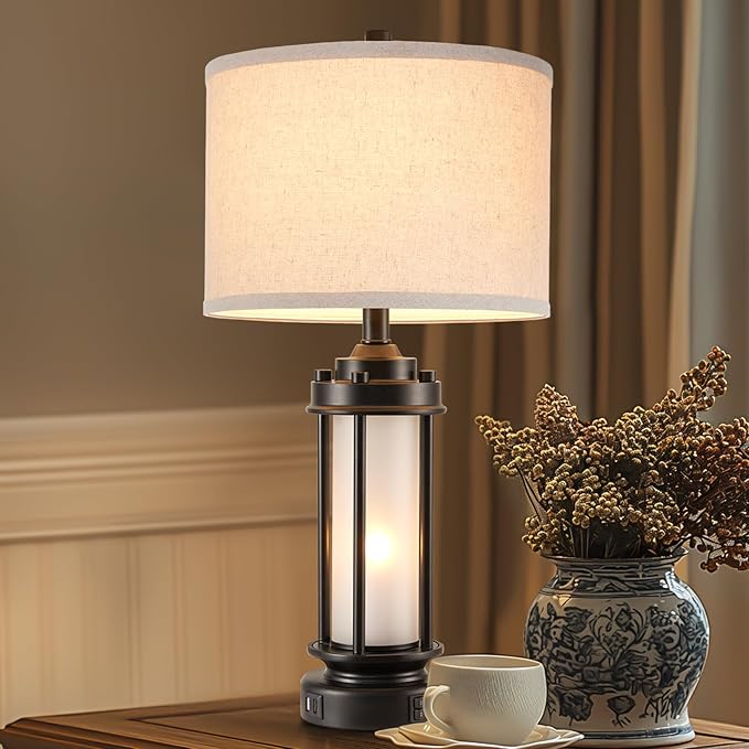 AIEAMPDO Set of 2 Modern Table Lamps for Living Room Bedroom, 25'' Black Retro Industrial Metal Lamp with Glass Nightlight, Contemporary Desk Lamp for Bedside End Table Office, 4 Bulbs Included