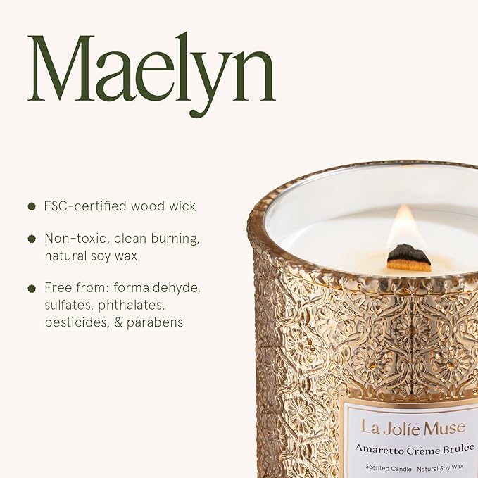 LA JOLIE MUSE Amaretto Crème Brûlée Scented Candle | Almond Liqueur, Dried Fruit & Caramel | 19 oz Wooden Wick | 90 Hours Clean Burn | Candle Gift for Hosts | Elegant Home Decor