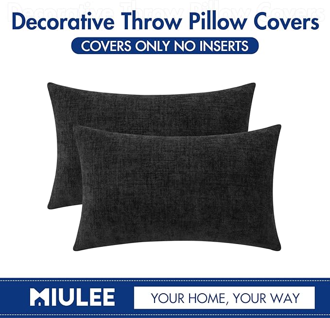 MIULEE Halloween Pack of 2 Couch Throw Pillow Covers 12x20 Inch Soft Black Chenille Pillow Covers for Sofa Living Room Solid Dyed Pillow Cases