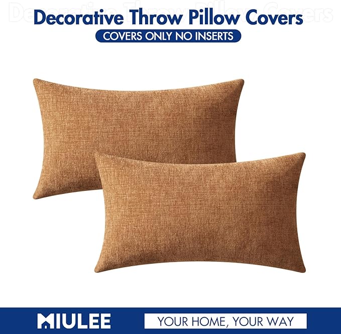 MIULEE Pack of 2 Brown Throw Pillow Covers 12x20 Inch Soft Chenille Pillow Covers for Sofa Living Room Couch Solid Dyed Cases