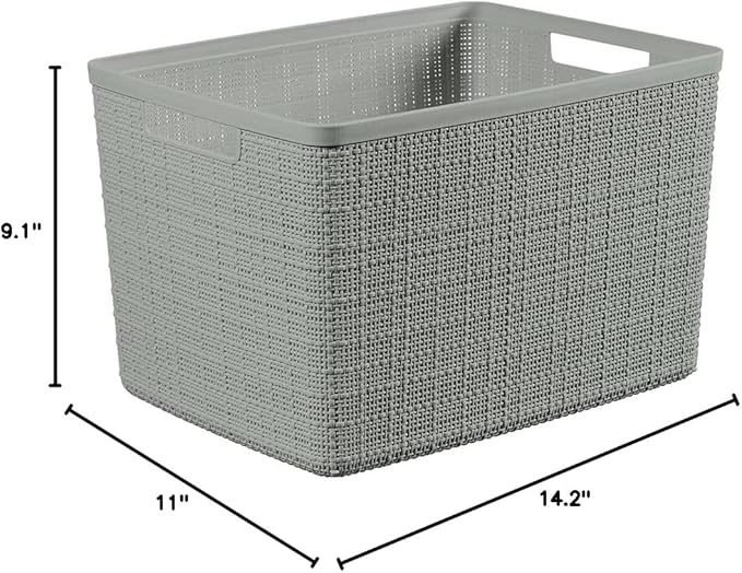 Curver Set of 4 Jute Large Decorative Plastic Organization and Storage Baskets, Perfect Bins for Home Office, Closet Shelves, Kitchen Pantry and All Bedroom Essentials, Grey