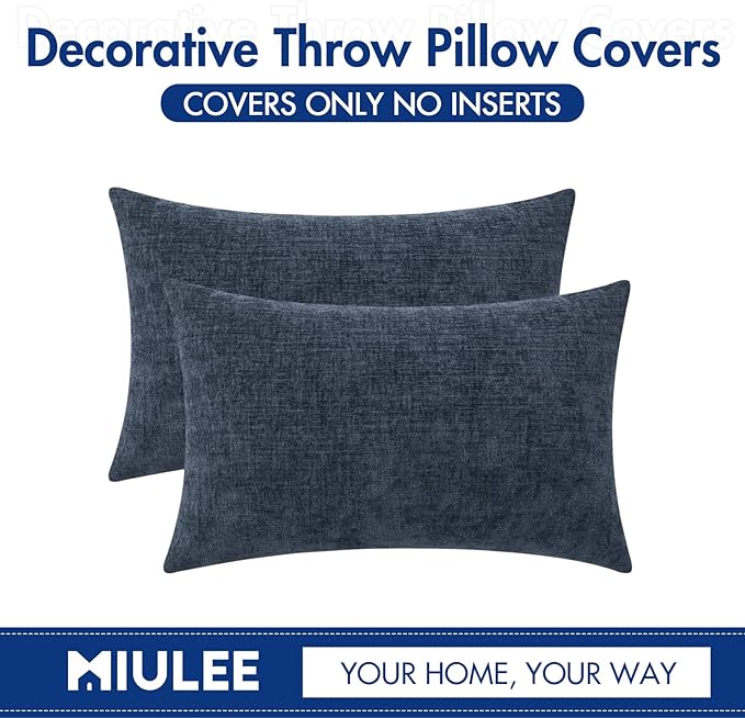 MIULEE Pack of 2 Couch Throw Pillow Covers 12x20 Inch Soft Navy Blue Chenille Pillow Covers for Sofa Living Room Solid Dyed Pillow Cases