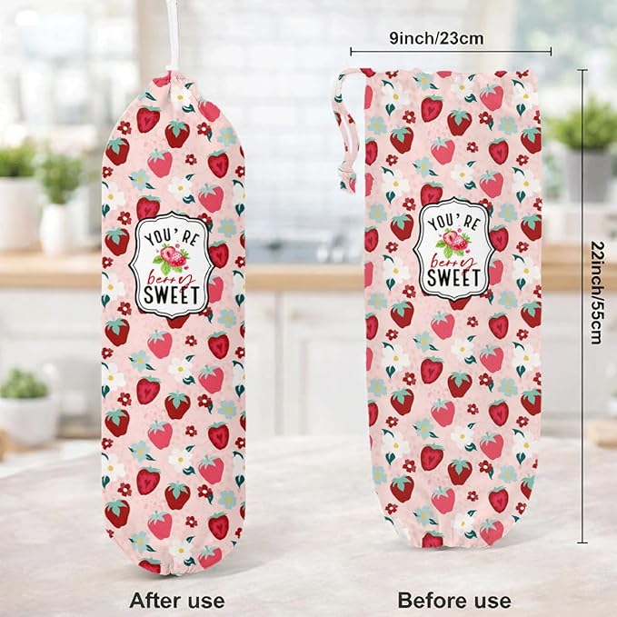Plastic Bag Holder, Pink Strawberry Plastic Bag Holder, Bags Holders for Plastics Bags Groceries Store, Reusable Trash Sack Storage Dispenser, Kitchen Gifts For Women Family Friends