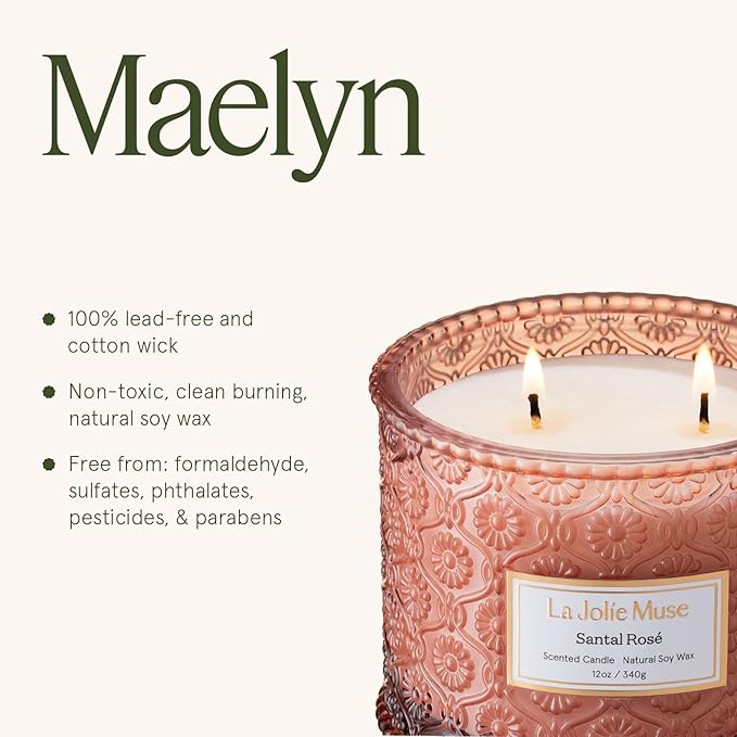 LA JOLIE MUSE Santal Rosé Candle - Saffron, Rose, Patchouli | 12 oz Large 2-Wick Soy Wax Candle | 60 Hours Clean Burn | Valentines Day Gifts for Her | Elegant Home Décor