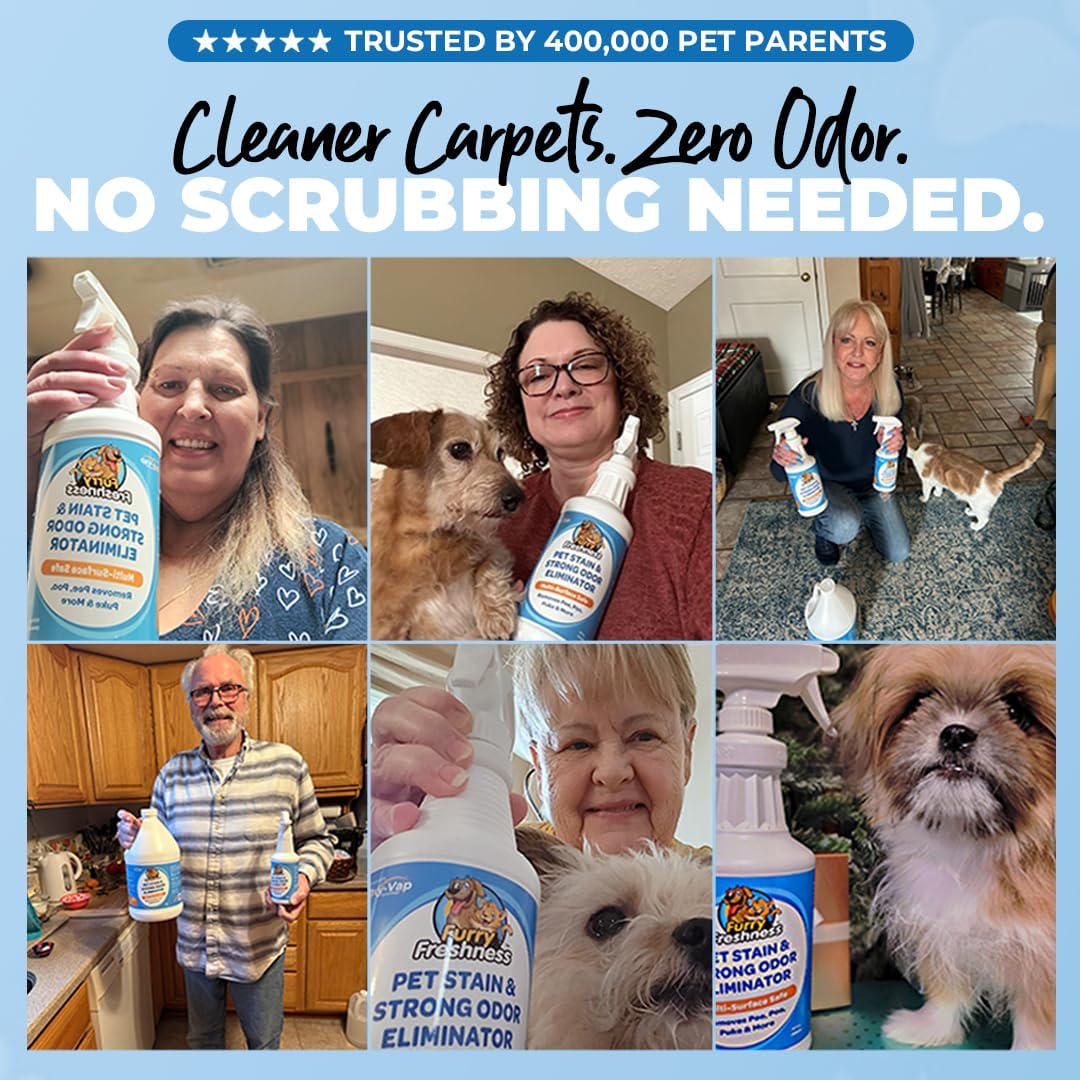 FurryFreshness Extra Strength Cat or Dog Pee Stain & Permanent Odor Remover + Smell Eliminator -Removes Stains from Pets & Kids Including Urine or Blood- Lifts Old Carpet Stains- (Gallon)
