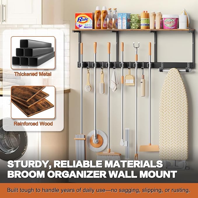 Broom Holder Wall Mount with Cleaning Supplies Organizer, Laundry Room Organization and Storage Shelves with Ironing Board Holder, Mop Hanger Broom Rack with Hooks, Home Improvement Garage Organizer
