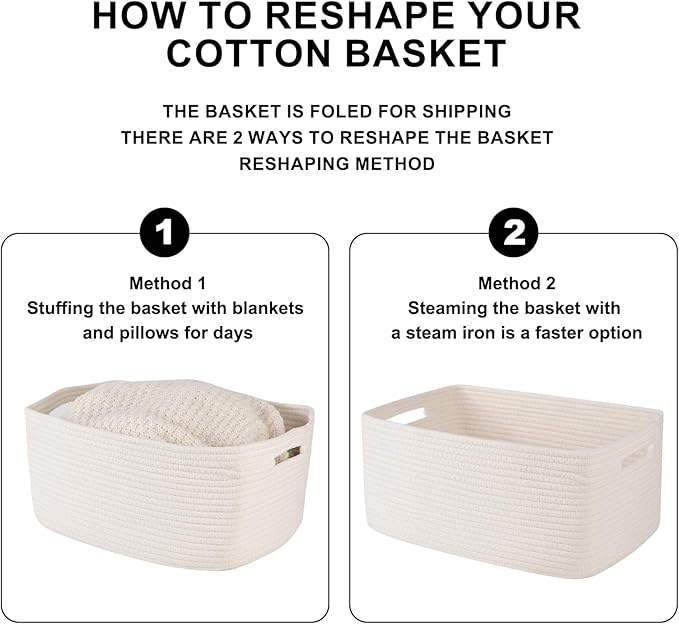 OIASKET Large Storage Basket for Organizing, Woven Rope Basket for Shelves, Closet Organizer Bins for Clothes, Blanket, Toys, Baby Nursery Storage, 17.7" x 13" x 7.87", 2 Packs White