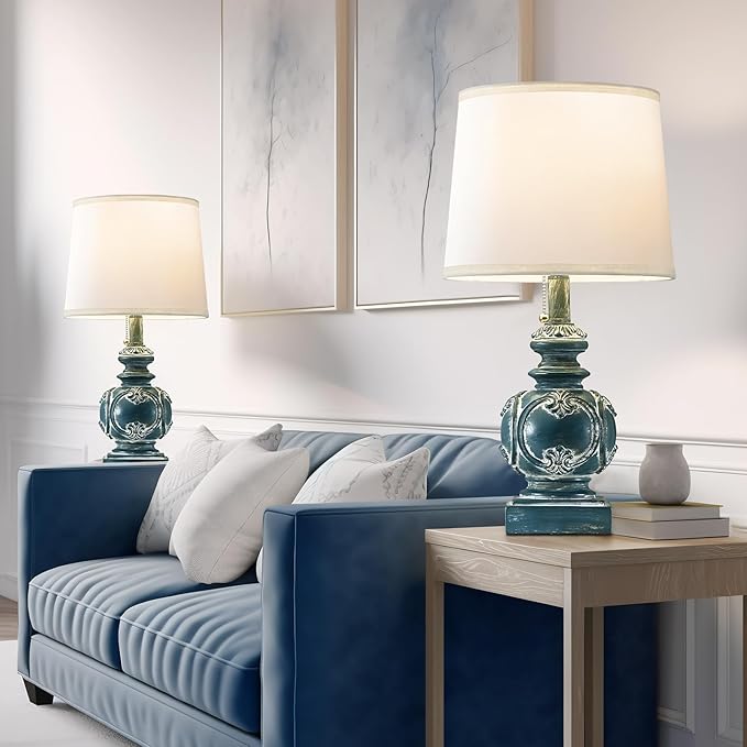 20.75" Farmhouse Table Lamps for Bedroom Set of 2, Rustic Bedside Lamps with 2 USB Port, Retro side table lamp Antique Nightstand Lamp for Living Room End Table Office Country, Traditional Washed Blue