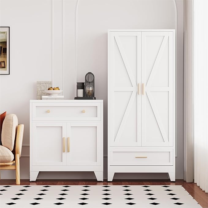 71" Storage Cabinet with Bottom Drawer, Pantry Cabinet in White with 2 Doors & 4 Adjustable Shelves, Freestanding Steel Cupboard for Garage, Home Office, Kitchen, Heavy-Duty Storage