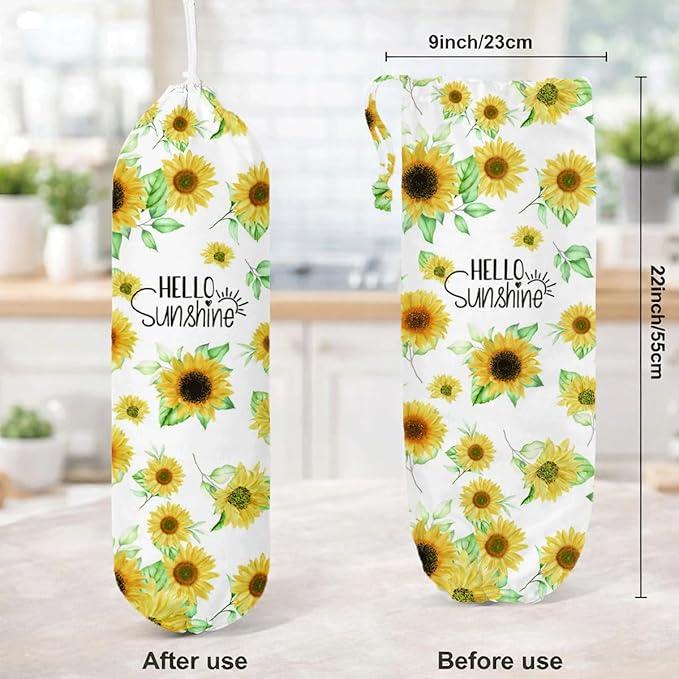 Sunflower Plastic Bag Holder, Hello Sunshine Plastic Bag Holder for Kitchen Essentials, Reusable Hanging Plastics Sack Dispenser, Floral Trash Sack Storage Dispenser for Home Decor