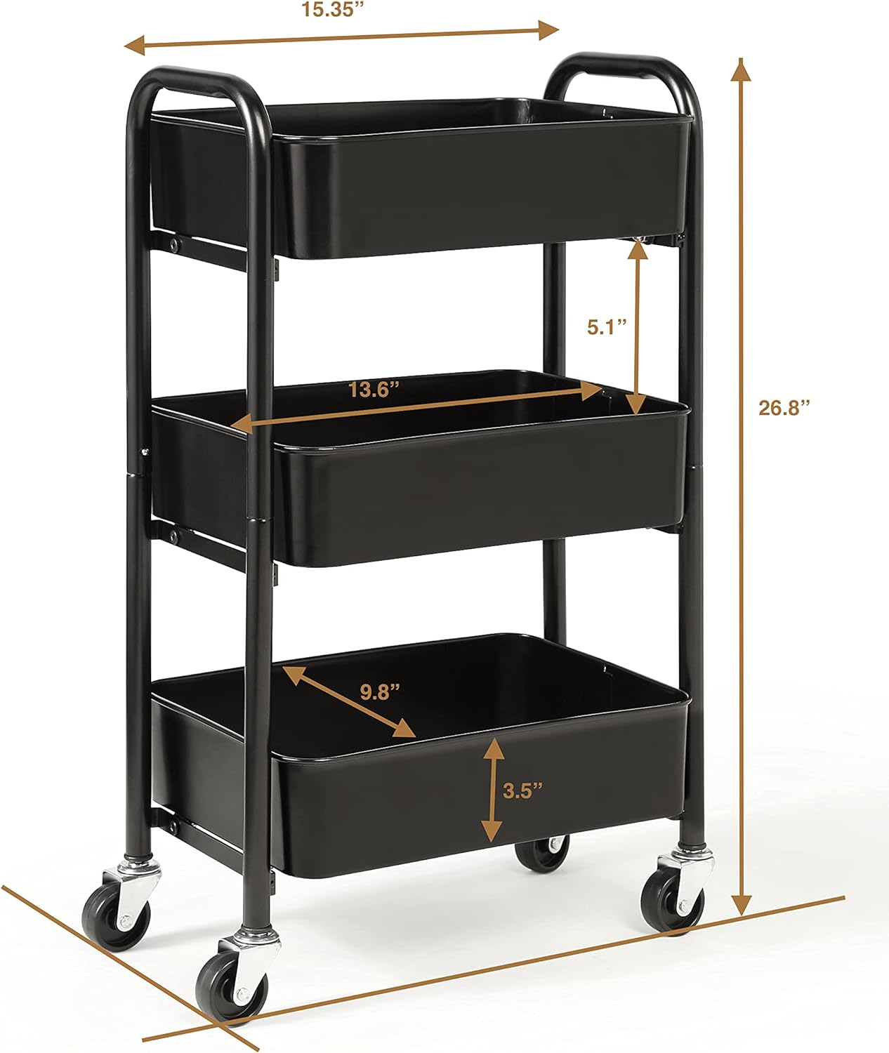 SunnyPoint 3-Tier Delicate Compact Rolling Metal Storage Organizer - Mobile Utility Cart Kitchen/Under Desk Cart with Caster Wheels - BLK (15.35" X 10.24" X 26.8"H)