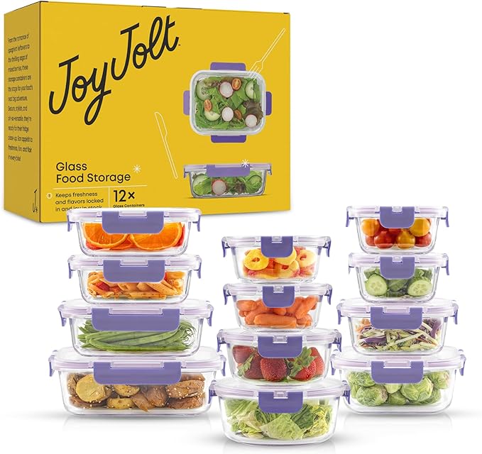 JoyJolt 24pc Borosilicate Glass Storage Containers with Lids | 12 Airtight/Freezer Safe Food Storage Containers for Pantry and Kitchen | Meal Prep Container for Lunch | Glass Tupperware Set