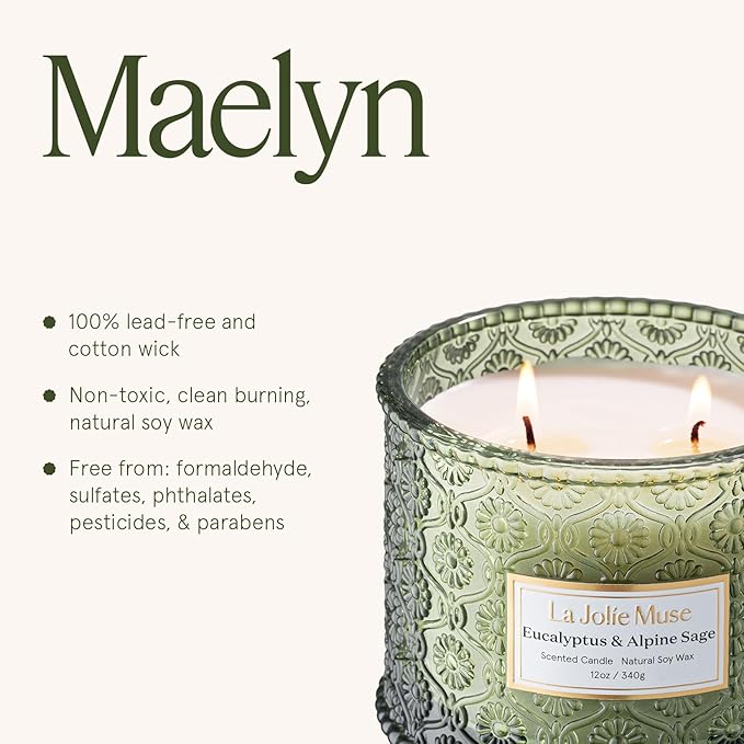 LA JOLIE MUSE Eucalyptus & Apline Sage Scented Candle | Eucalyptus, Sage, Lavender | 12 oz Double Cotton Wick Soy Candle | 60 Hours Clean Burn | Daily Relaxation & Cozy Ambiance | Elegant Home Decor