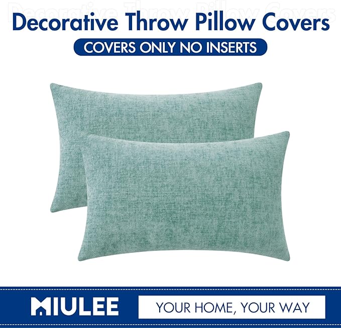 MIULEE Pack of 2 Couch Throw Pillow Covers 12x20 Inch Soft Aqua Green Chenille Pillow Covers for Sofa Living Room Spring Home Decor Couch Solid Dyed Cases