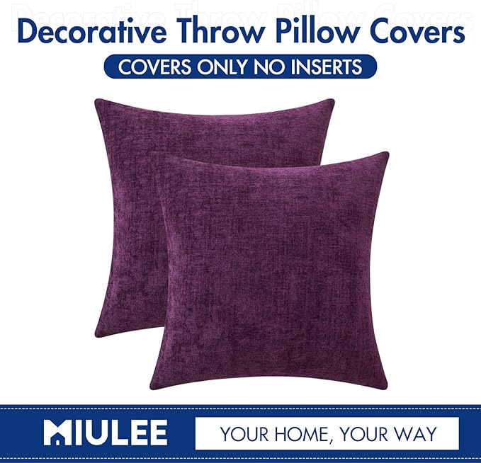 MIULEE Pack of 2 Couch Throw Pillow Covers 18x18 Inch Soft Plum Purple Chenille Pillow Covers for Sofa Living Room Solid Dyed Pillow Cases