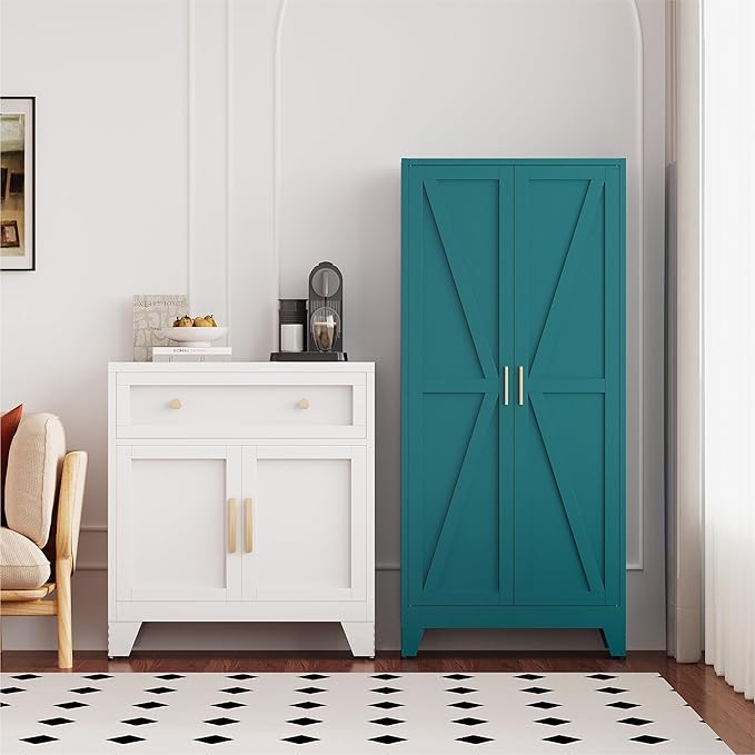 61" Tall Compact Storage Cabinet, Space-Saving 27.5" Wide Pantry in Blue with 2 Doors & 3 Shelves,Freestanding for Small Kitchen, Apartment, Narrow Hallway