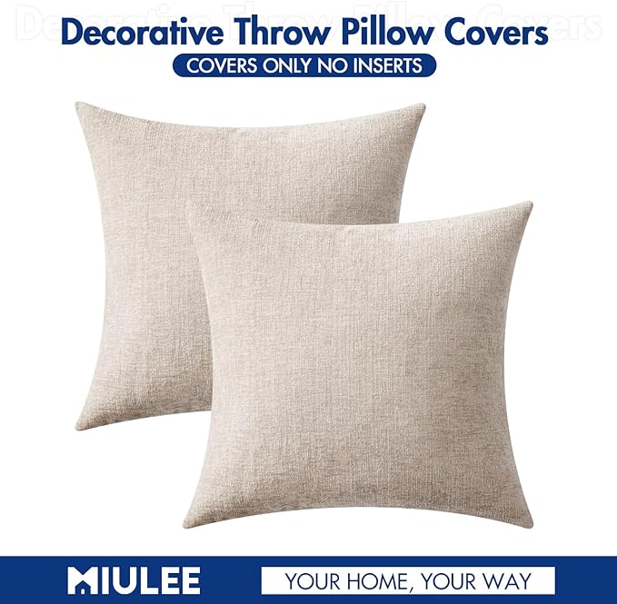 MIULEE Pack of 2 Couch Throw Pillow Covers 18x18 Inch Soft Light Brown Chenille Pillow Covers for Sofa Living Room Solid Dyed Pillow Cases