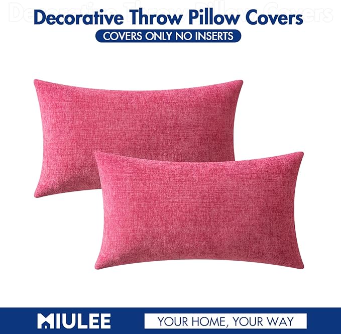 MIULEE Pack of 2 Couch Throw Pillow Covers 12x20 Inch Soft Hot Pink Chenille Pillow Covers for Sofa Living Room Solid Dyed Pillow Cases