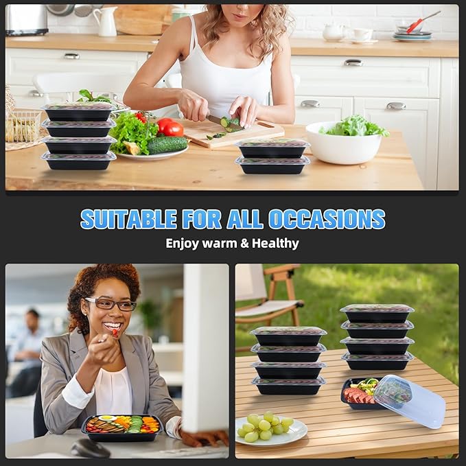 50 Pack (100-Piece) 38oz Meal Prep Containers Black Rectangle,Reusable and Sturdy, Leakproof Food Safe Design, Disposable Takeout Lunch Boxes, BPA-Free, Freezer and Dishwasher Safe