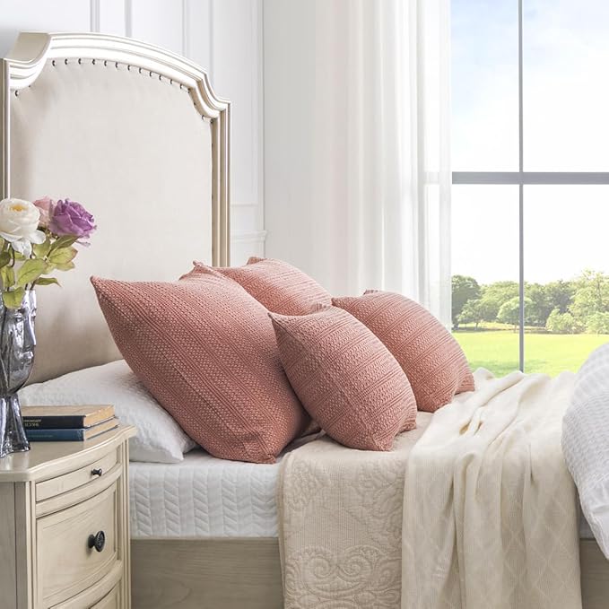 COCOPLOCEUS 1pc 26x26 Pillow Cover Boho Euro Sham Decorative Throw Pillow Covers Cotton Large Square Pillowcase for Couch Bed, Coral Pink