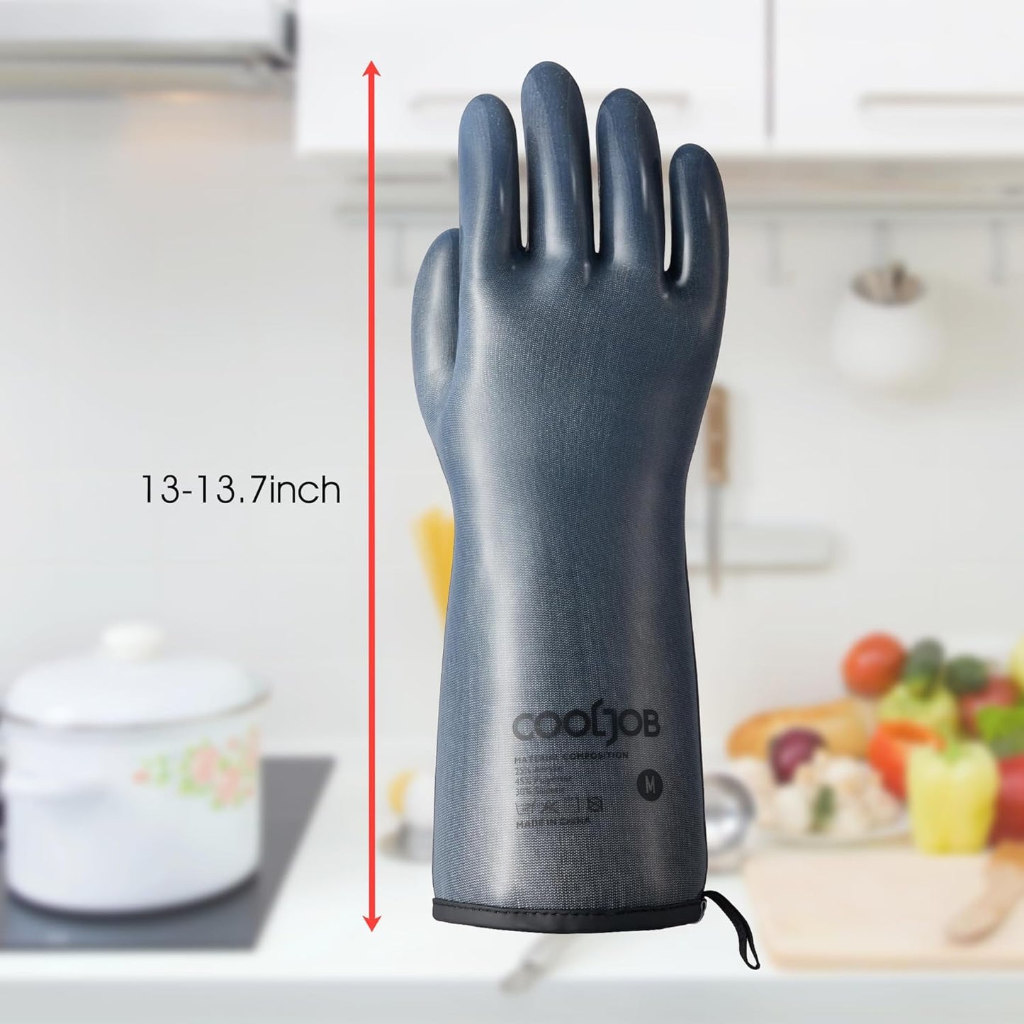 COOLJOB Heat Resistant Oven Gloves, Waterproof Liquid Silicone BBQ Grilling Gloves for Barbecue, Kitchen Cleaning, Baking, Food Contact, Black, Medium