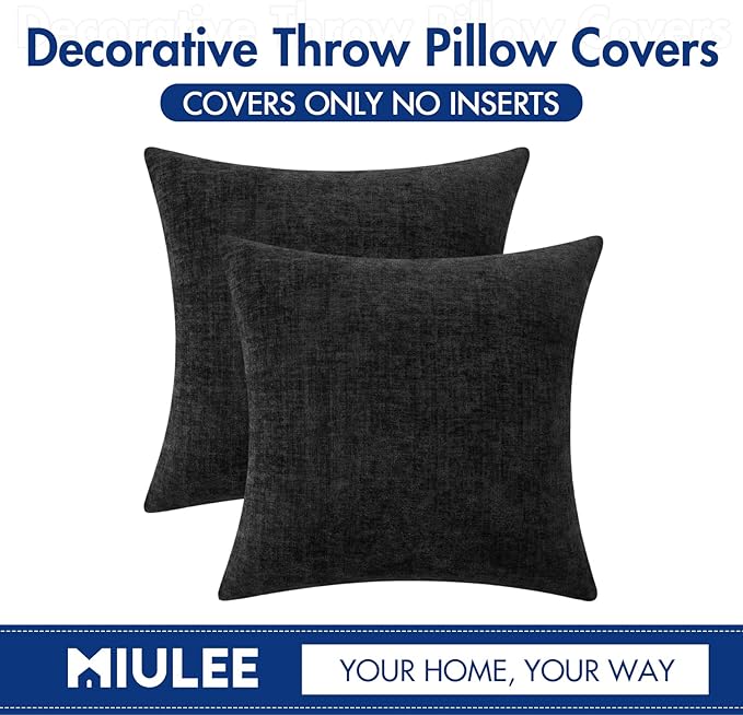 MIULEE Halloween Pack of 2 Couch Throw Pillow Covers 20x20 Inch Soft Black Chenille Pillow Covers for Sofa Living Room Solid Dyed Pillow Cases