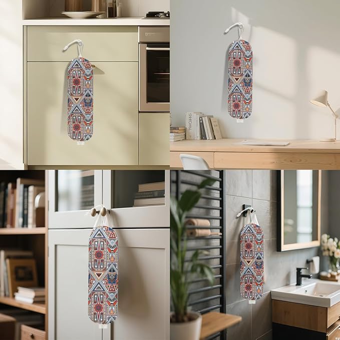 Vintage Ethnic Print Plastic Bag Holder, Wall Mount Grocery Bag Holder for Plastic Bags, Abstract Art Farmhouse Kitchen Pantry Decor Reusable Grocery Bags Organizer Storage Dispenser