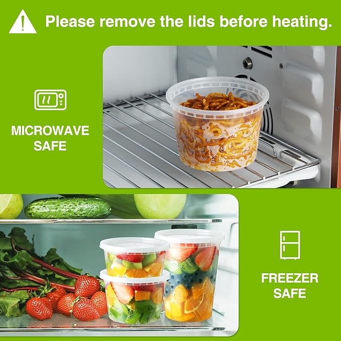 16 Oz Deli-Containers-with-Lids - 60 Set Plastic Food-Storage-Containers-with-Lids, Microwaveable & Freezer Safe To-Go-Containers, Leak-proof Soup Overnight Oats Meal-Prep-Containers