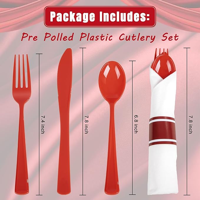 Liacere 400PCS Pre Rolled Red Silverware and Napkin - Disposable Red Plastic Utensils-Wrapped Plastic Cutlery Set with Napkin:100Forks,100Knives,100Spoons,100Napkins for Wedding&Valentine's Day