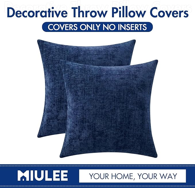 MIULEE Pack of 2 Couch Throw Pillow Covers 20x20 Inch Spring Soft Navy Chenille Pillow Covers for Sofa Living Room Solid Dyed Pillow Cases