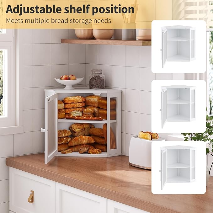 Corner Bread Box for Kitchen Countertop,Bread Storage for Homemade Bread, Double Layer Large Bamboo Kitchen Storage Bin with Window (White, Medium)