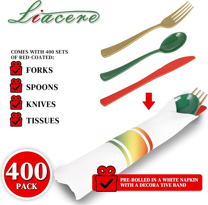 Liacere 100Pack Pre Rolled Silverware and Napkin - Wrapped Plastic Cutlery Set with Napkin:100 Gold Forks,100 Red Knives,100 Green Spoons,100 Napkins for Christmas