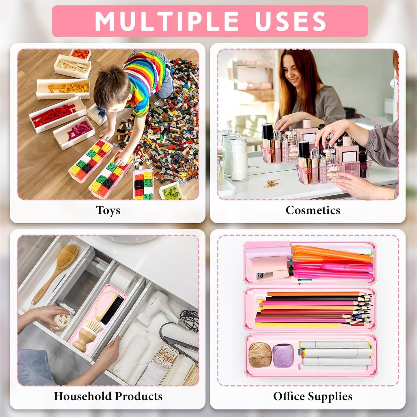 Maitys 12 Pcs Vanity Drawer Organizer 9 x 3 x 2 Inches Clear Plastic Utensil Organizers Kitchen Drawers Dividers for Office Desk Silverware Kitchen Utensils Cosmetics and Bathrooms(Pink)