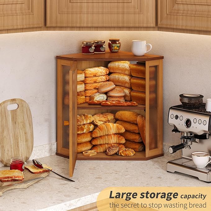 Corner Bread Box for Kitchen Countertop,Bread Storage for Homemade Bread, Double Layer Large Bamboo Kitchen Storage Bin with Window (Brown, Large)