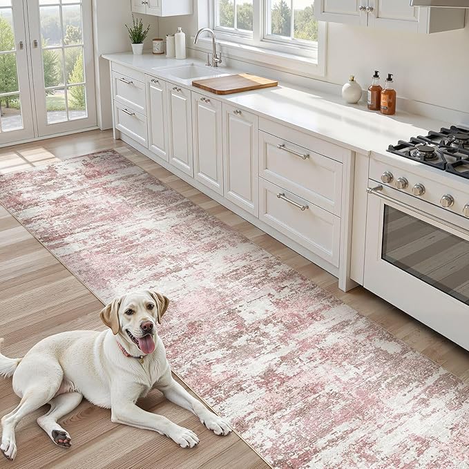 Area Rugs for Living Room: 3x12 Abstract Washable Rug Modern Neutral Large Soft Stain Resistant Non-Slip Backing Machine Table for Bedroom Dining Room Indoor Home Office Carpet - Pink