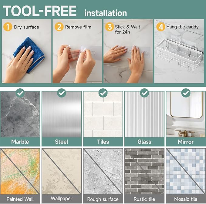 Veken 6-Pack Rustproof&Waterproof Shower Caddy, Adhesive Shelves Rack with Soap Holder, Large Bathroom & Washroom Organizer, No Drilling Wall-Mounted Kitchen&Home Decor,Ideal for Bathtub Storage,White