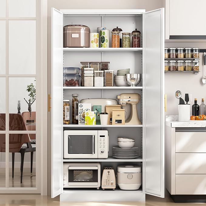 Kitchen Pantry Cabinet,71” Metal Tall Pantry Storage Cabinet with Doors and 4 Adjustable Shelves,Kitchen Storage Cabinets White Freestanding Food Cabinet for Pantries, Kitchen, Livingroom, Dining Room